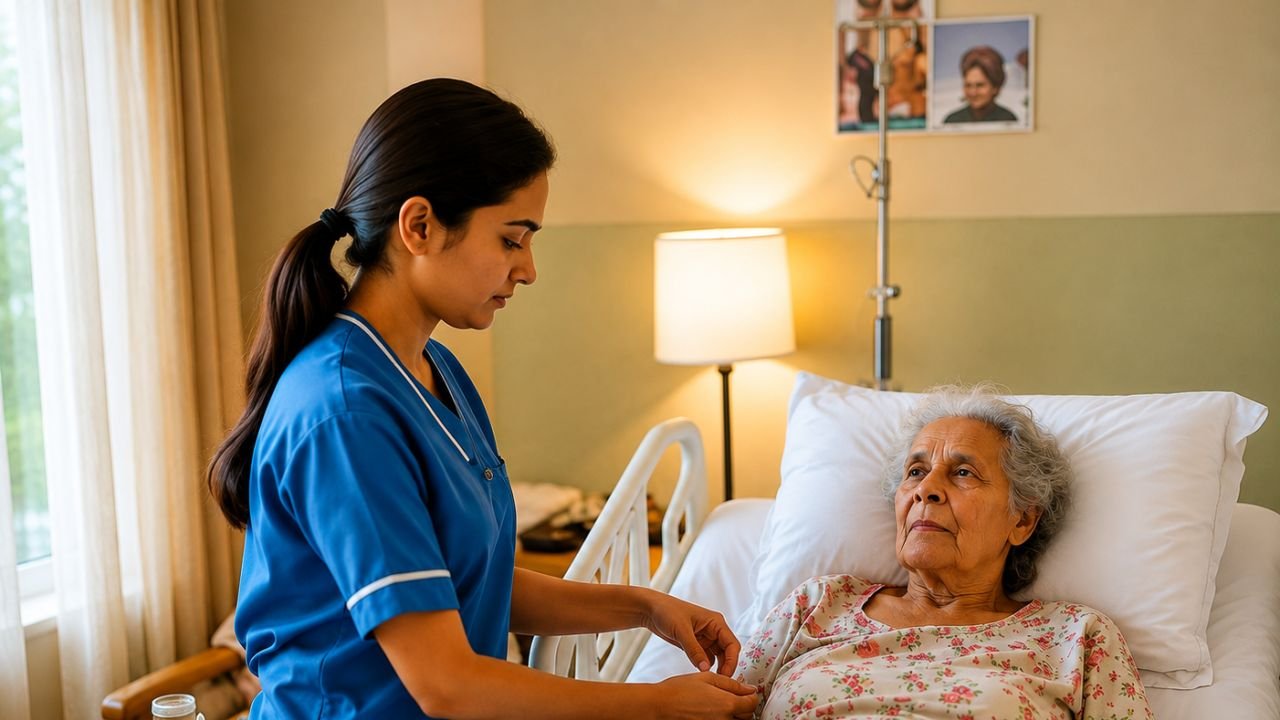 A nurse attending to an elderly patient resting in a hospital bed