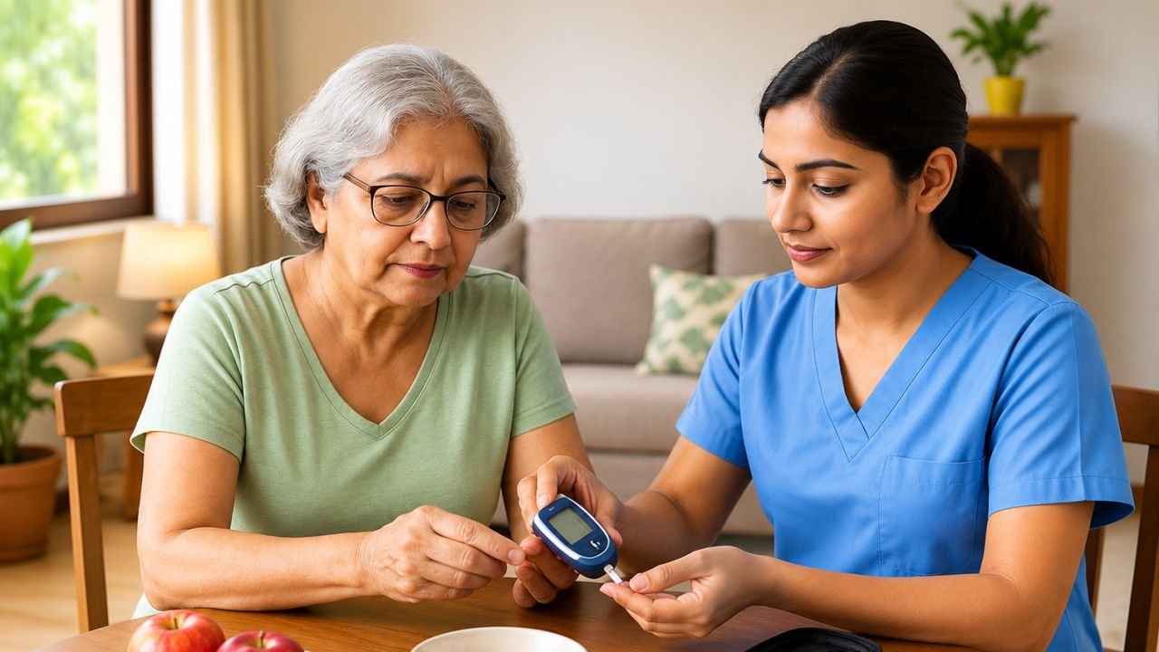 A nurse carrying out a blood glucose check for an elderly woman at her dining table