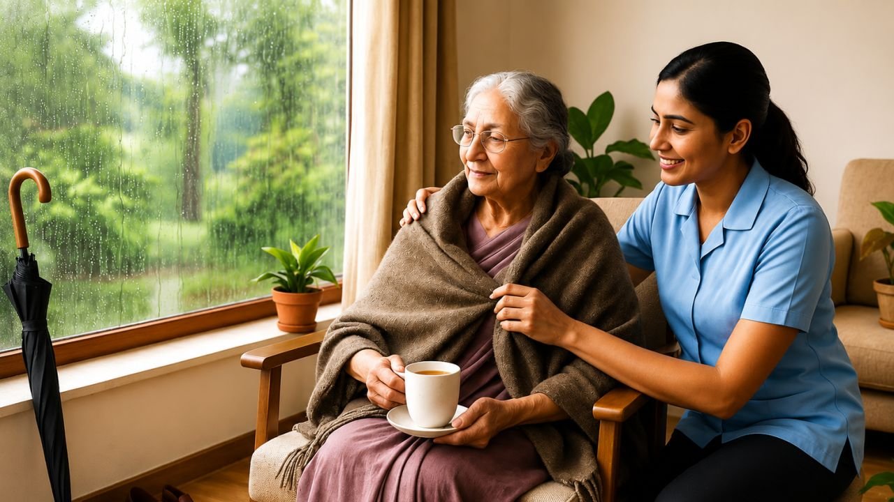 A caregiver wrapping a shawl around an elderly woman seated with a cup of tea by a window
