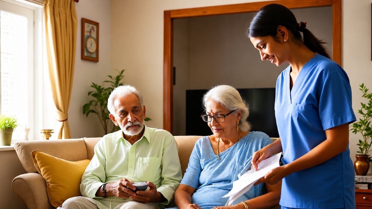 A nurse reviewing medical notes with an elderly couple in their living room during a home visit