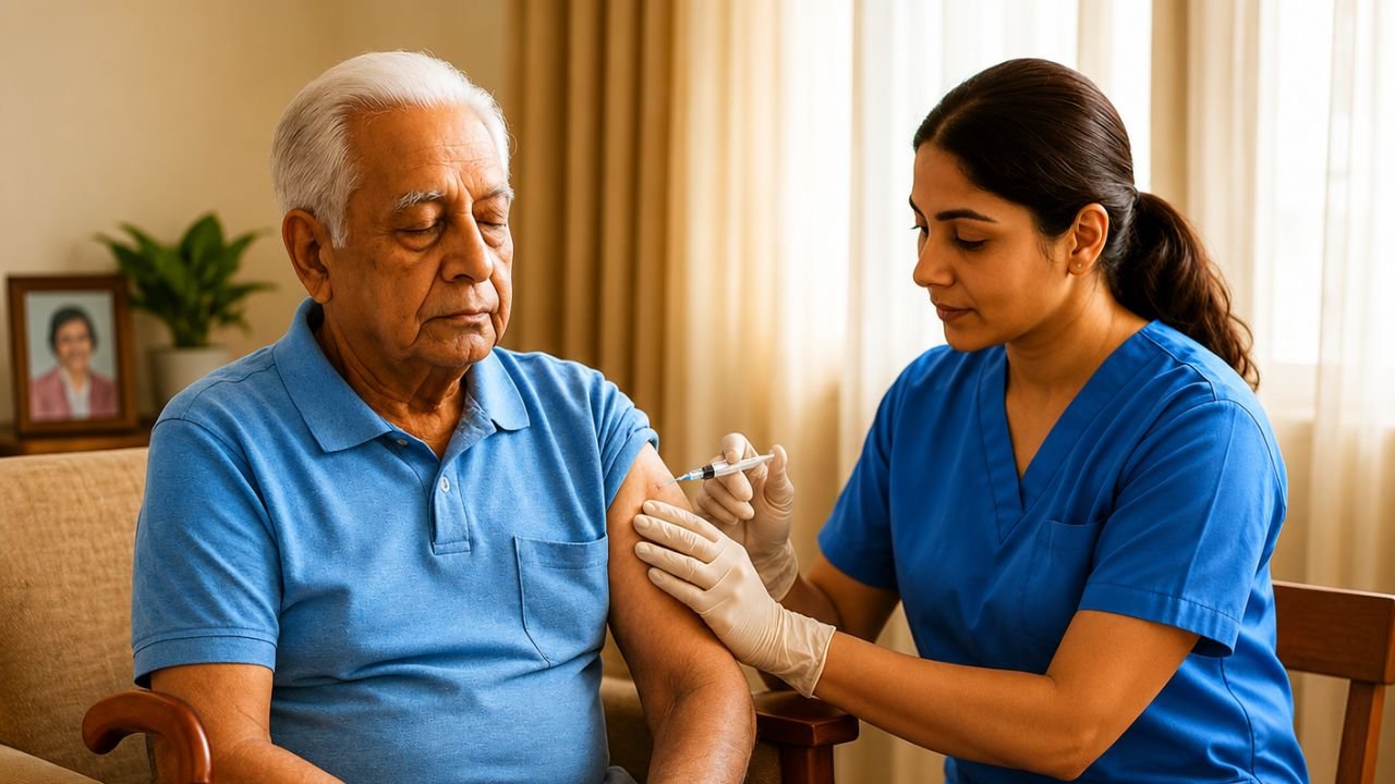 A nurse administering a vaccination to an elderly man seated in his armchair at home